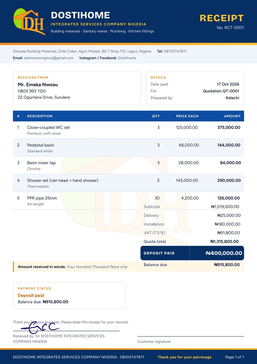 DostiHome deposit receipt on A4