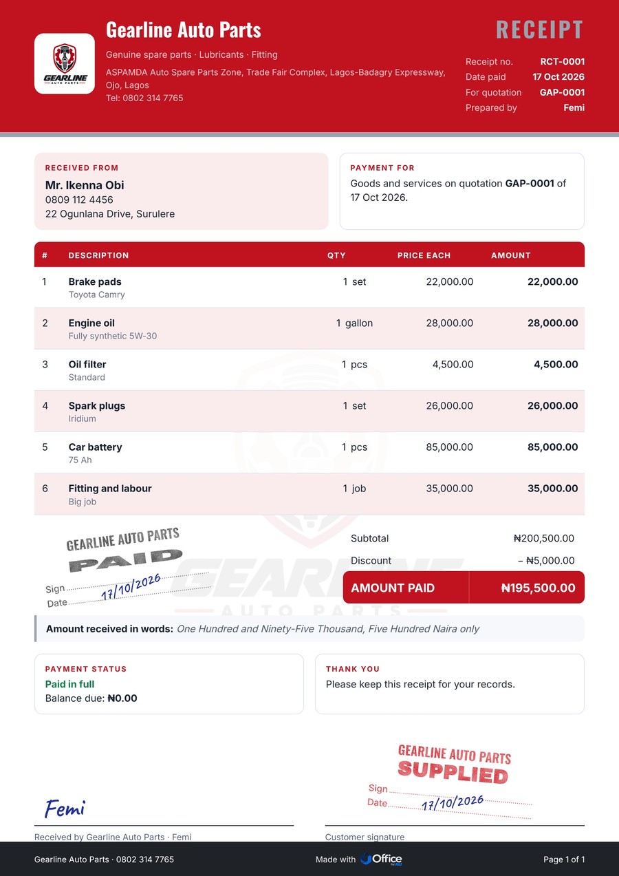Gearline Auto Parts official receipt on A4