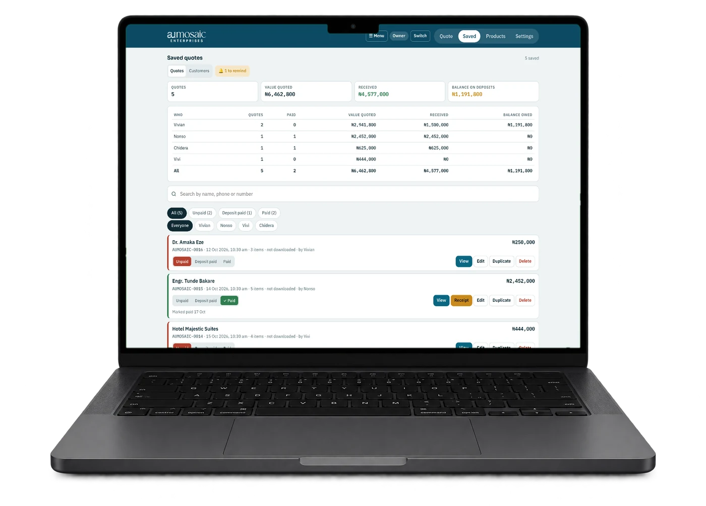 Owner's view on a laptop: every quote and totals for each staff member