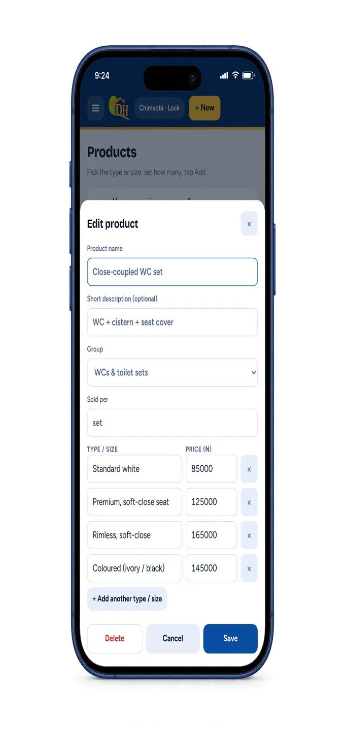 DostiHome owner editing a product price
