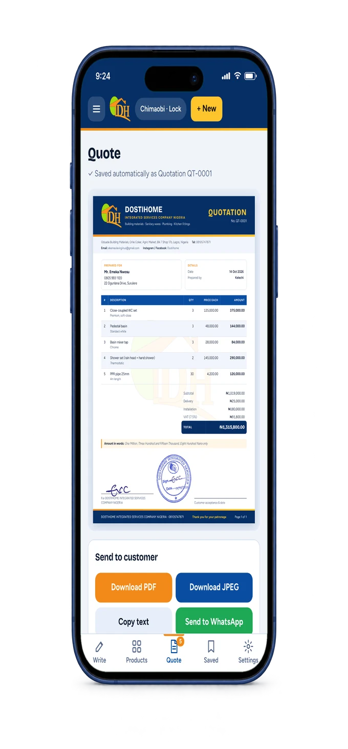 DostiHome branded quotation