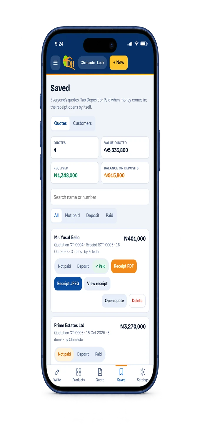 DostiHome saved quotes with payments